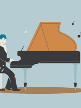 A picture of a man sitting at the piano on the blue background