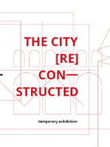 Red lettering and geometric shapes forming the outline of buildings on white background