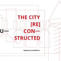 Red lettering and geometric shapes forming the outline of buildings on white background