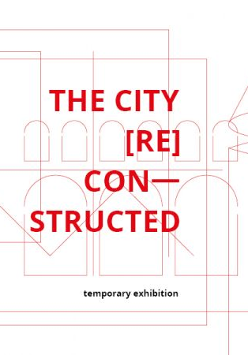 Red lettering and geometric shapes forming the outline of buildings on white background