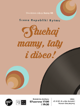 The beige poster with the title of the event in the center. A piece of vinyl has been placed in the lower right corner. In the lower left corner, there are blue-brown circles resembling peacock eyes.