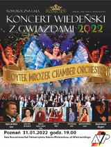 Photos of the opera singer in front of the poster, the choir on the back