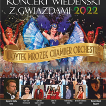 Photos of the opera singer in front of the poster, the choir on the back