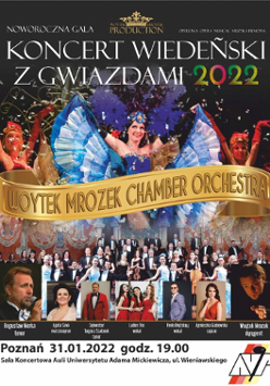 Photos of the opera singer in front of the poster, the choir on the back