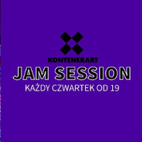 "Jam session" inscription and information about the event on violet background