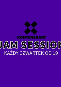 "Jam session" inscription and information about the event on violet background