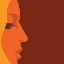 A picture of a woman in profile. Orange face with yellow hair on a brown background