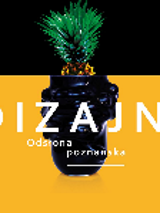 Fragment of a fancy black vase on a yellow background. At the bottom, the inscription "DIZAJN." At the top of the graphic, a fragment of pineapple with leaves on a black background.