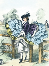 Picture of a woman in a dress and a hat standing by the wooden fence. A part of a dress (skirt) is lifted and shows underwear. Near a woman a small white dog leashed to the fence.
