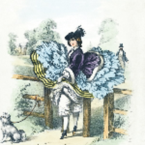 Picture of a woman in a dress and a hat standing by the wooden fence. A part of a dress (skirt) is lifted and shows underwear. Near a woman a small white dog leashed to the fence.