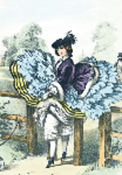 Picture of a woman in a dress and a hat standing by the wooden fence. A part of a dress (skirt) is lifted and shows underwear. Near a woman a small white dog leashed to the fence.