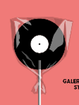 Information about the exhibition and a lollipop made of a vinyl record in cellophane on a pink background.