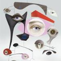 An abstract graphic in delicate colours: eyes and lips in various figures.