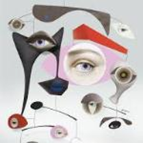An abstract graphic in delicate colours: eyes and lips in various figures.