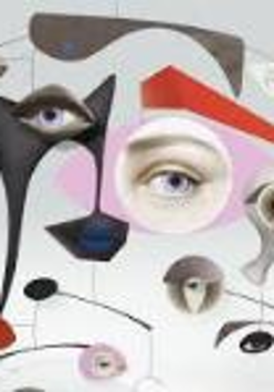 An abstract graphic in delicate colours: eyes and lips in various figures.