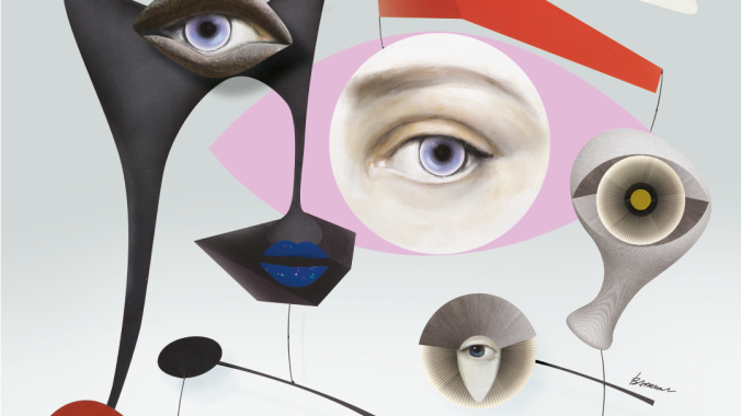 An abstract graphic in delicate colours: eyes and lips in various figures.