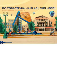 Drawing of the buildings and a fountain situated at Wolności Square - the place of the event.