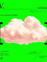 Festival poster: a cloud in square brackets and information about the event, green background.