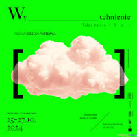 Festival poster: a cloud in square brackets and information about the event, green background.