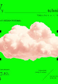 Festival poster: a cloud in square brackets and information about the event, green background.