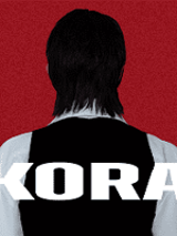 Photo of a man who is turned his back to the viewer. White inscription "Kora" on man's back. Red background.