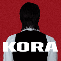 Photo of a man who is turned his back to the viewer. White inscription "Kora" on man's back. Red background.