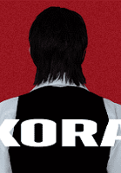 Photo of a man who is turned his back to the viewer. White inscription "Kora" on man's back. Red background.