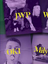 Event poster - four pictures of four performers in violet colours