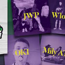 Event poster - four pictures of four performers in violet colours