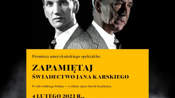 Performance poster - photo of two men in suits on a black background and information about the event.