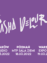 Event poster: white inscriptions (information about the show) on violet background.