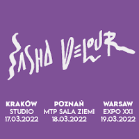 Event poster: white inscriptions (information about the show) on violet background.