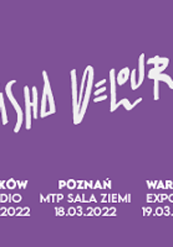 Event poster: white inscriptions (information about the show) on violet background.