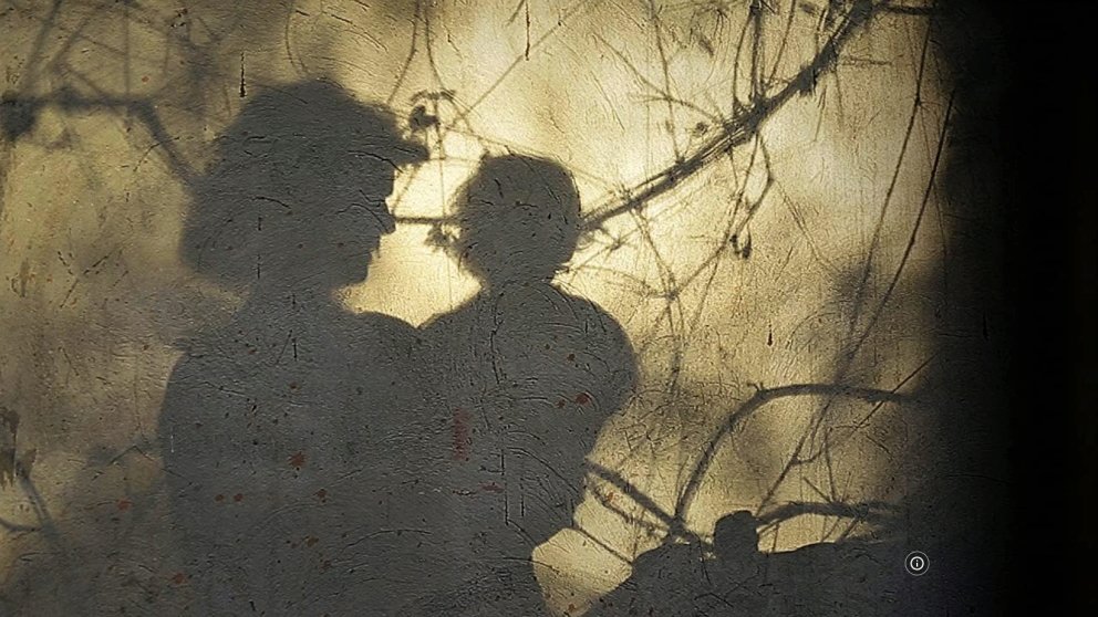 Photo from the movie - shadow of a person who holds a child and shadows of some tree branches. The yellow-gray wall as a background.