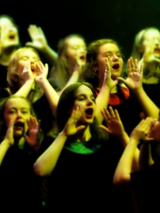 Photo of girls' choir performing on stage