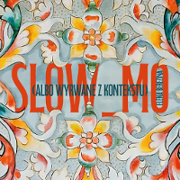 Writing "SLOW_MO" in big red font on the background of colorful, symmetrical, ornamental floral pattern.