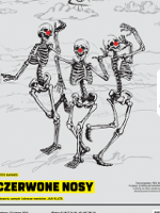 Performance poster: three skeletons with red noses, who are dancing. Information about the spectacle in the bottom of the poster.