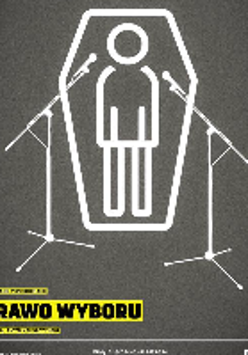 Spectacle poster in grey and white colours. In the bottom - information about the performance.