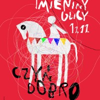 Event poster: white drawing of a person sitting on a horse, red background.