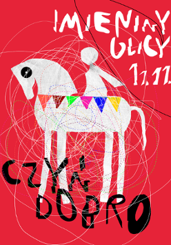 Event poster: white drawing of a person sitting on a horse, red background.