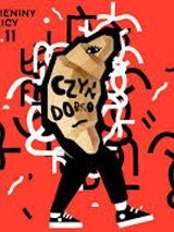 Event poster:a person whose upper part of a body is in a croissant shape. Red background.