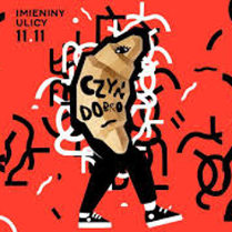 Event poster:a person whose upper part of a body is in a croissant shape. Red background.