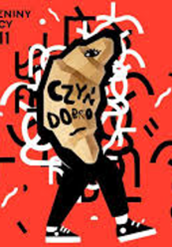 Event poster:a person whose upper part of a body is in a croissant shape. Red background.