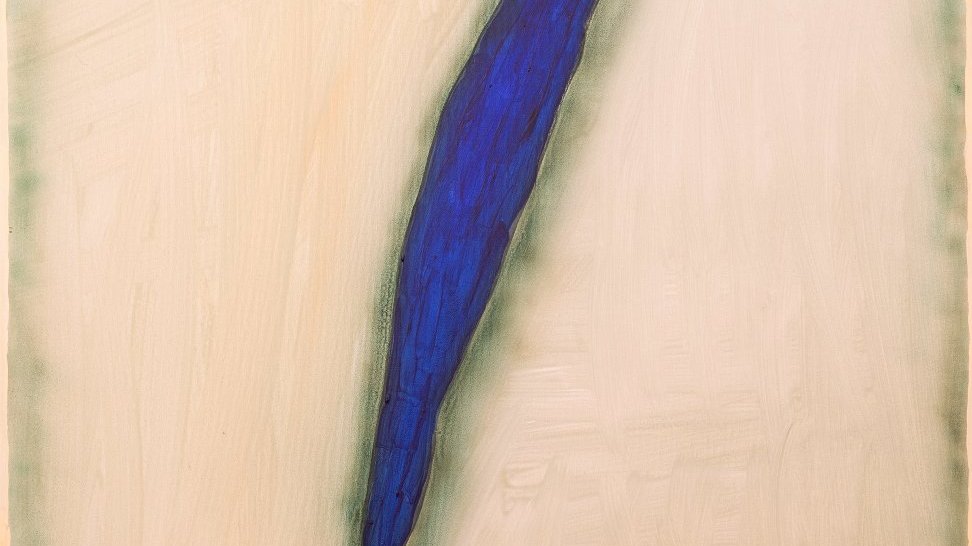 One of the artist's paintings - one dark blue elongated shape on the light beige background