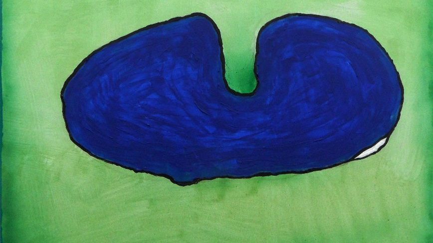 One of the artist's paintings - dark blue shape on the green background