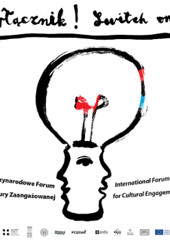 Event poster: the graphic of a huge light bulb, the stem of which resembles a head.