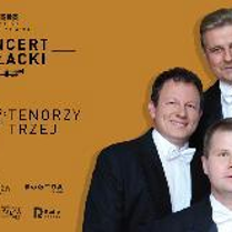 On the right 3 men on light brown background, on te left lettering with info about the concert