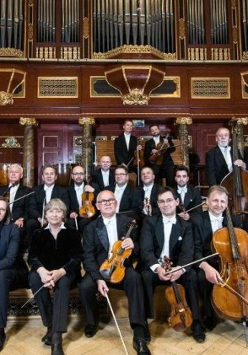 Photo of the Amadeus Orchestra - musicians holding the instruments in their hands in three rows on a stage