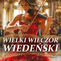 Picture promoting the concert - a lady in red dress playing violin