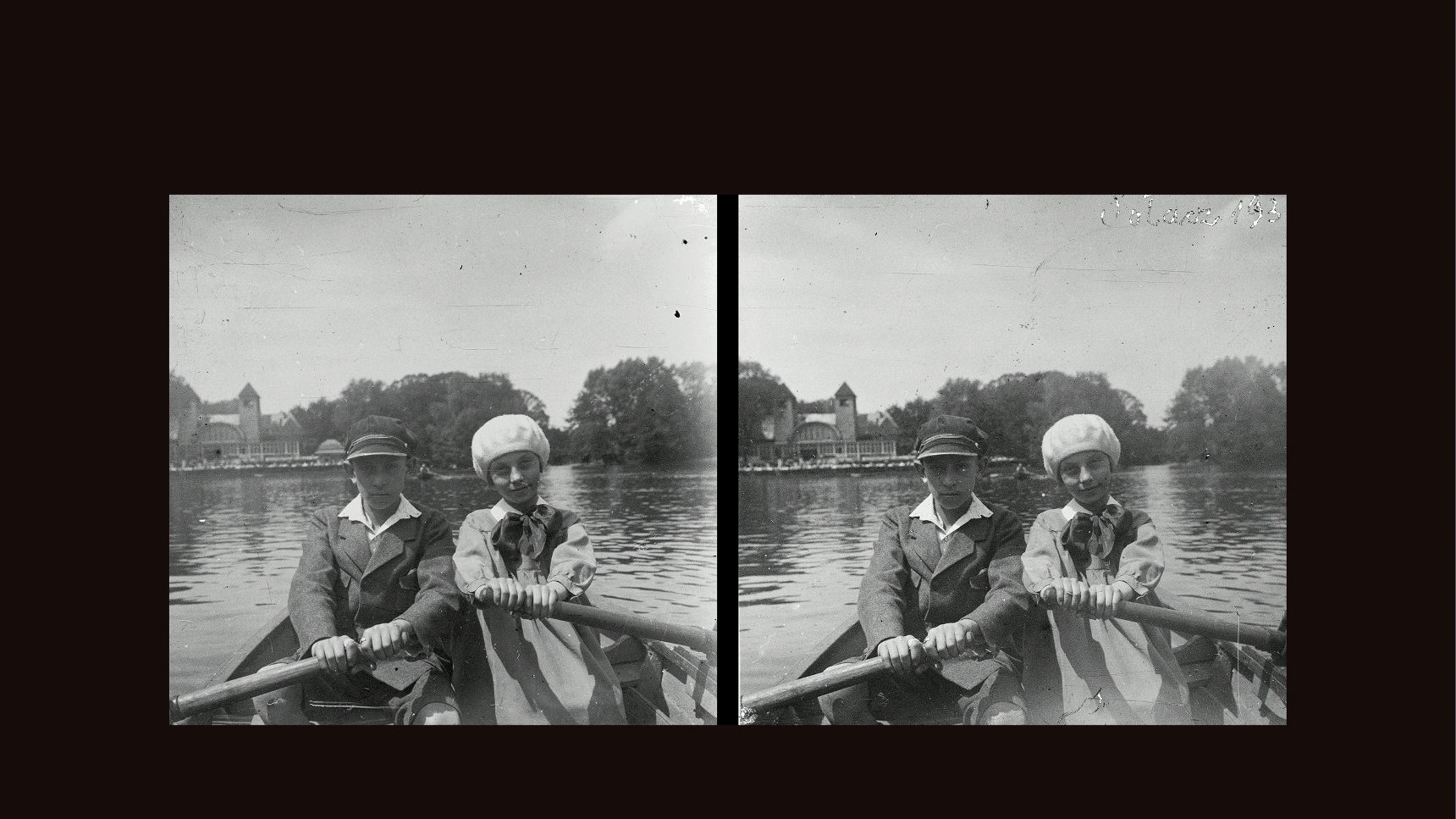 Black and white stereophotograph of a man and a woman rowing in a boat. The pond and trees as a background.